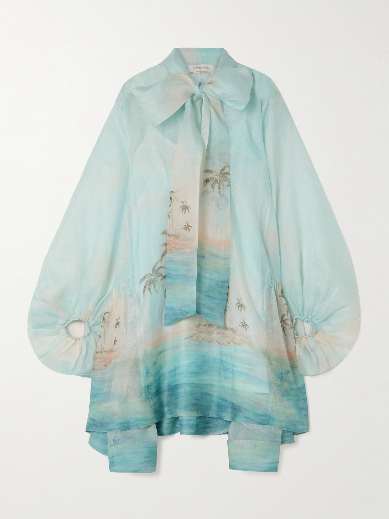 Zimmermann Illuminate Billow Pussy-bow Printed Linen And Silk-blend Mini Dress In Blue
