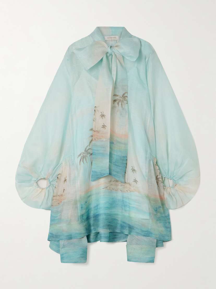Zimmermann Illuminate Billow Pussy-bow Printed Linen And Silk-blend Mini Dress