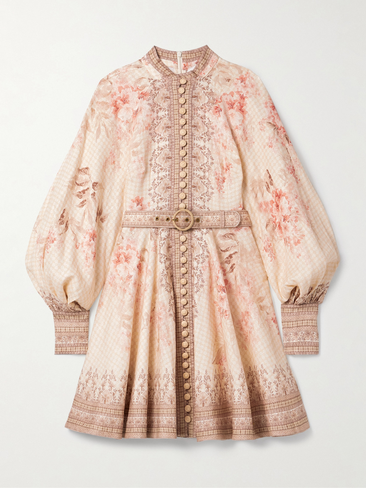 Zimmermann Illuminate Beige Mini Dress With Belted Waist And All-over Floral Print In Linen Woman In Orange