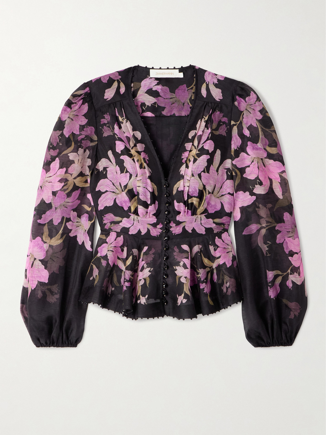Zimmermann Dawning Bead-embellished Floral-print Linen And Silk-blend Blouse In Black