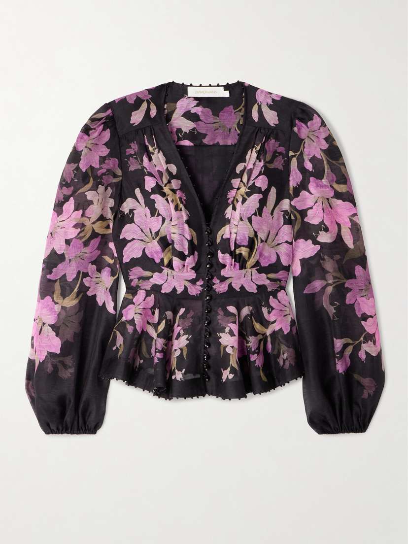 Zimmermann Dawning Bead-embellished Floral-print Linen And Silk-blend Blouse