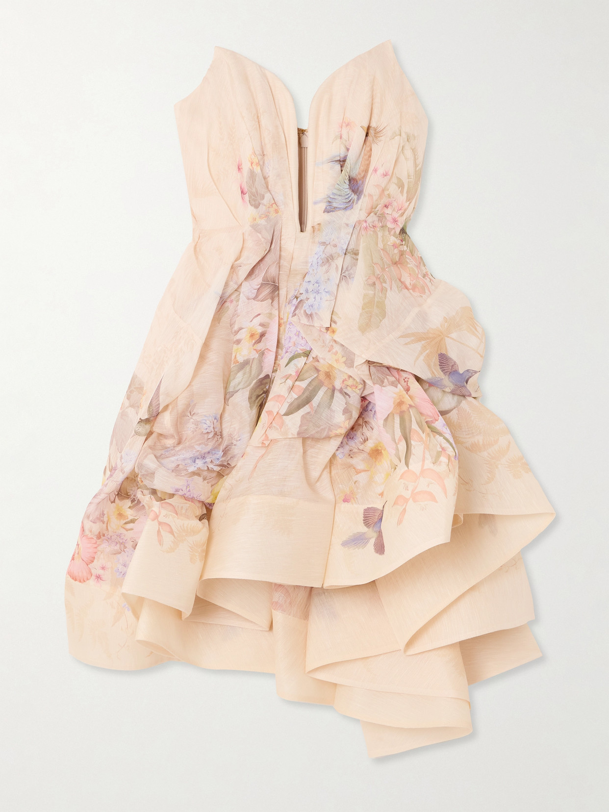 Zimmermann Illuminate Draped Floral-print Linen And Silk-blend Mini Dress In Pink