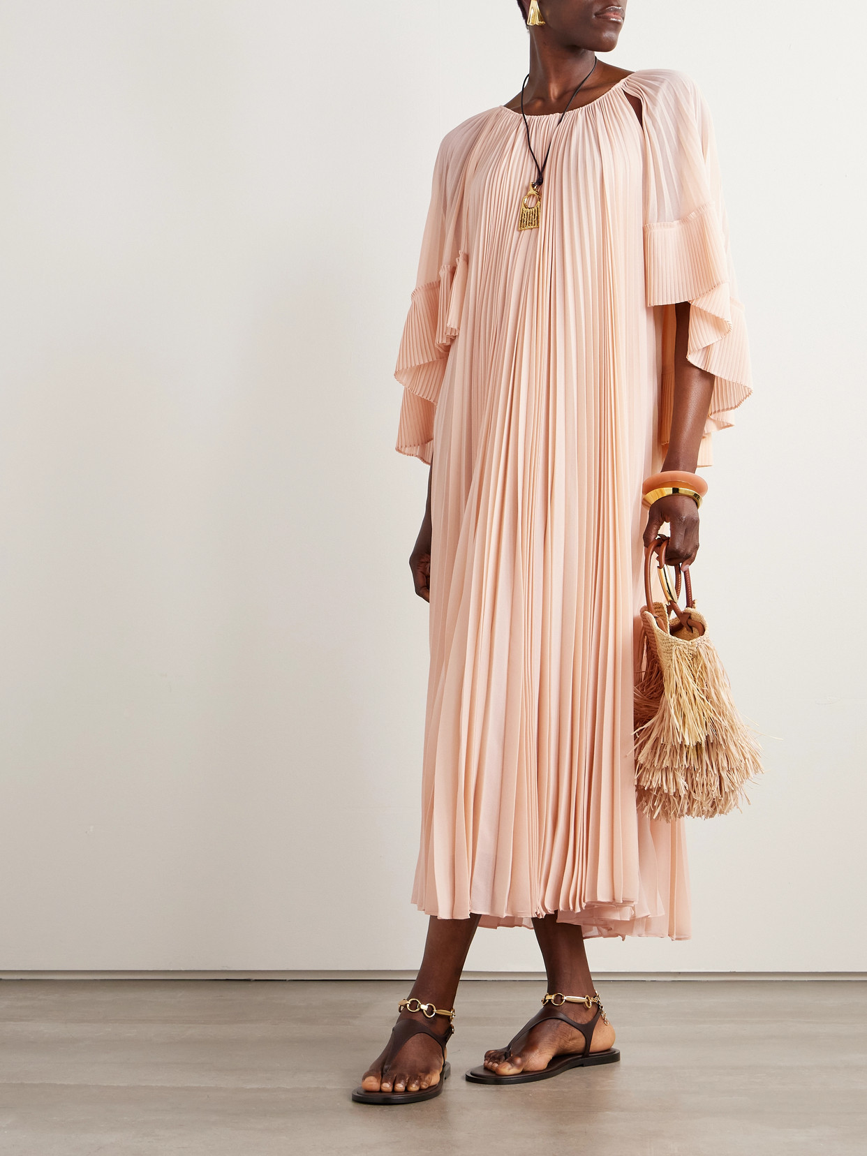 Zimmermann Illuminate Cape-effect Pleated Crepe De Chine Maxi Dress In Orange