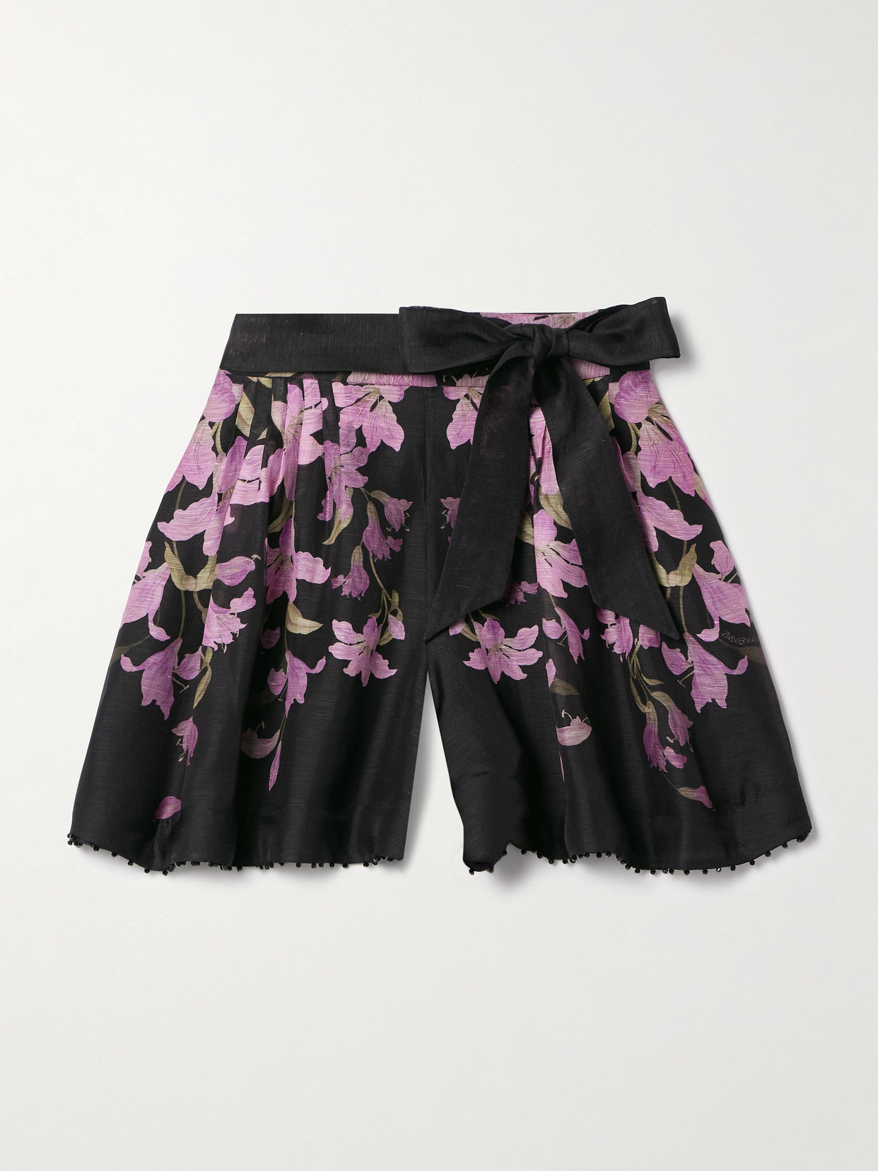 Zimmermann Dawning Belted Floral-print Linen And Silk-blend Shorts In Black