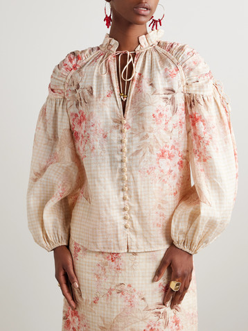 Zimmermann Illuminate gathered printed ramie blouse