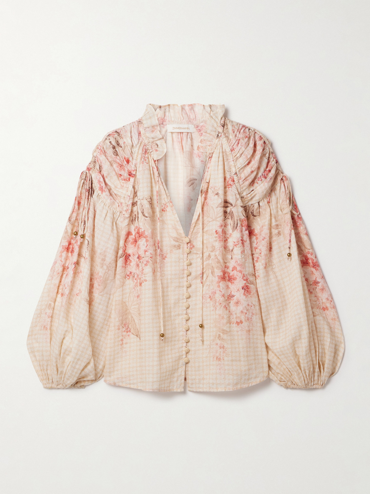 ZIMMERMANN ILLUMINATE GATHERED PRINTED RAMIE BLOUSE