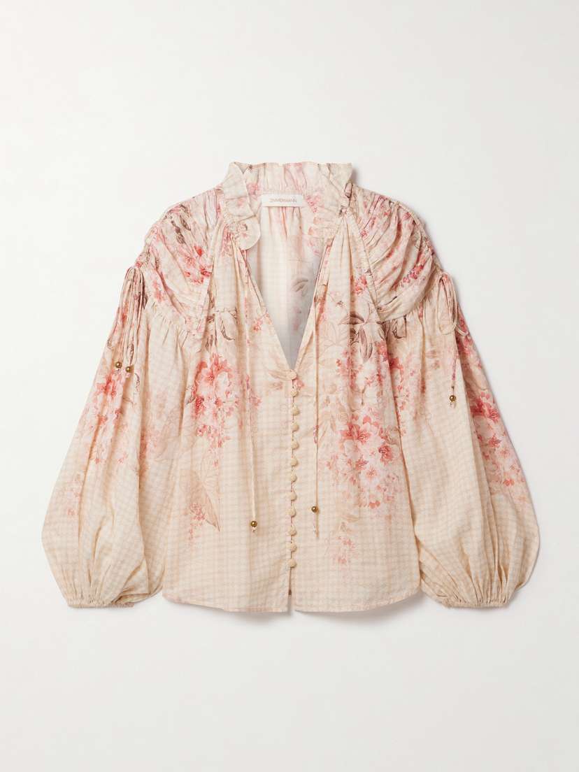 Zimmermann Illuminate Gathered Printed Ramie Blouse