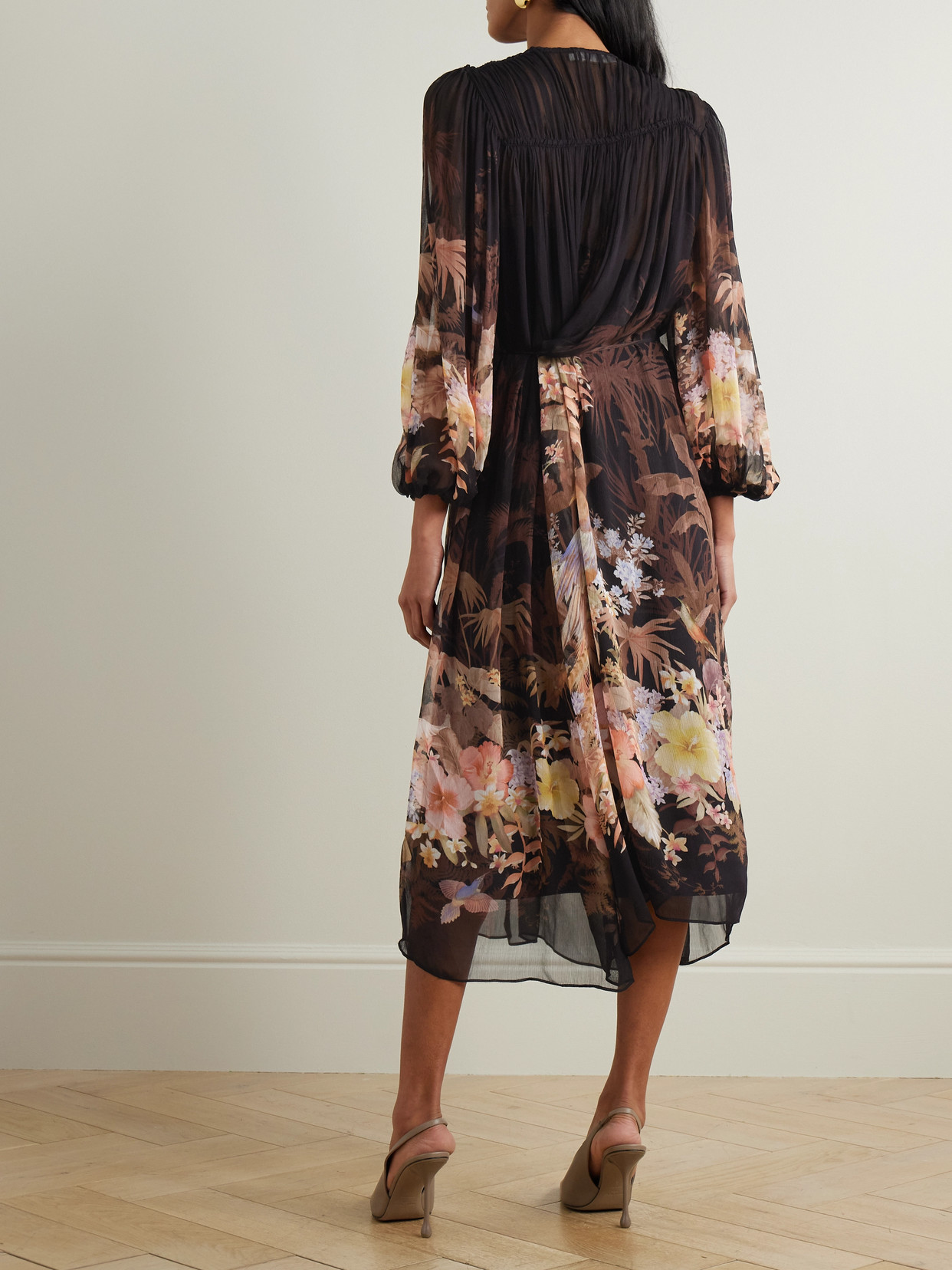 Zimmermann Illuminate Drawn Belted Gathered Printed Crepon Midi Dress In Black