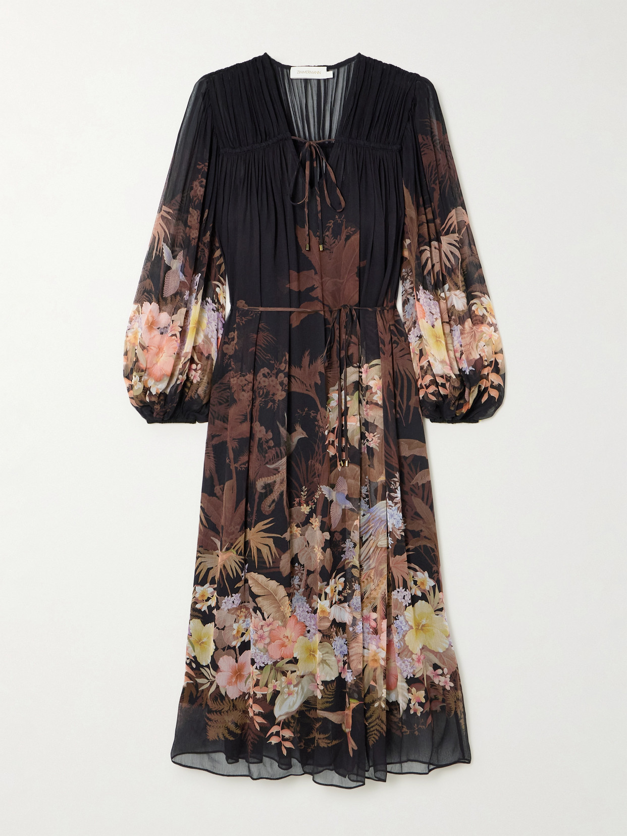 Zimmermann - Illuminate Drawn Belted Gathered Printed Crepon Midi Dress - Black