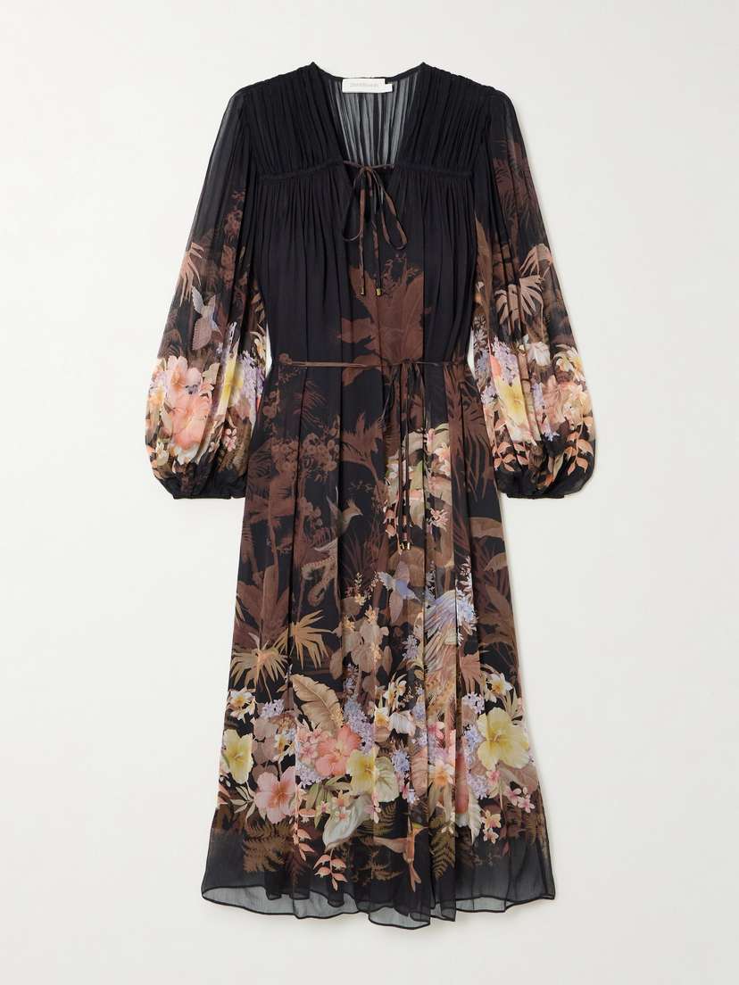 Zimmermann Illuminate Drawn Belted Gathered Printed Crepon Midi Dress