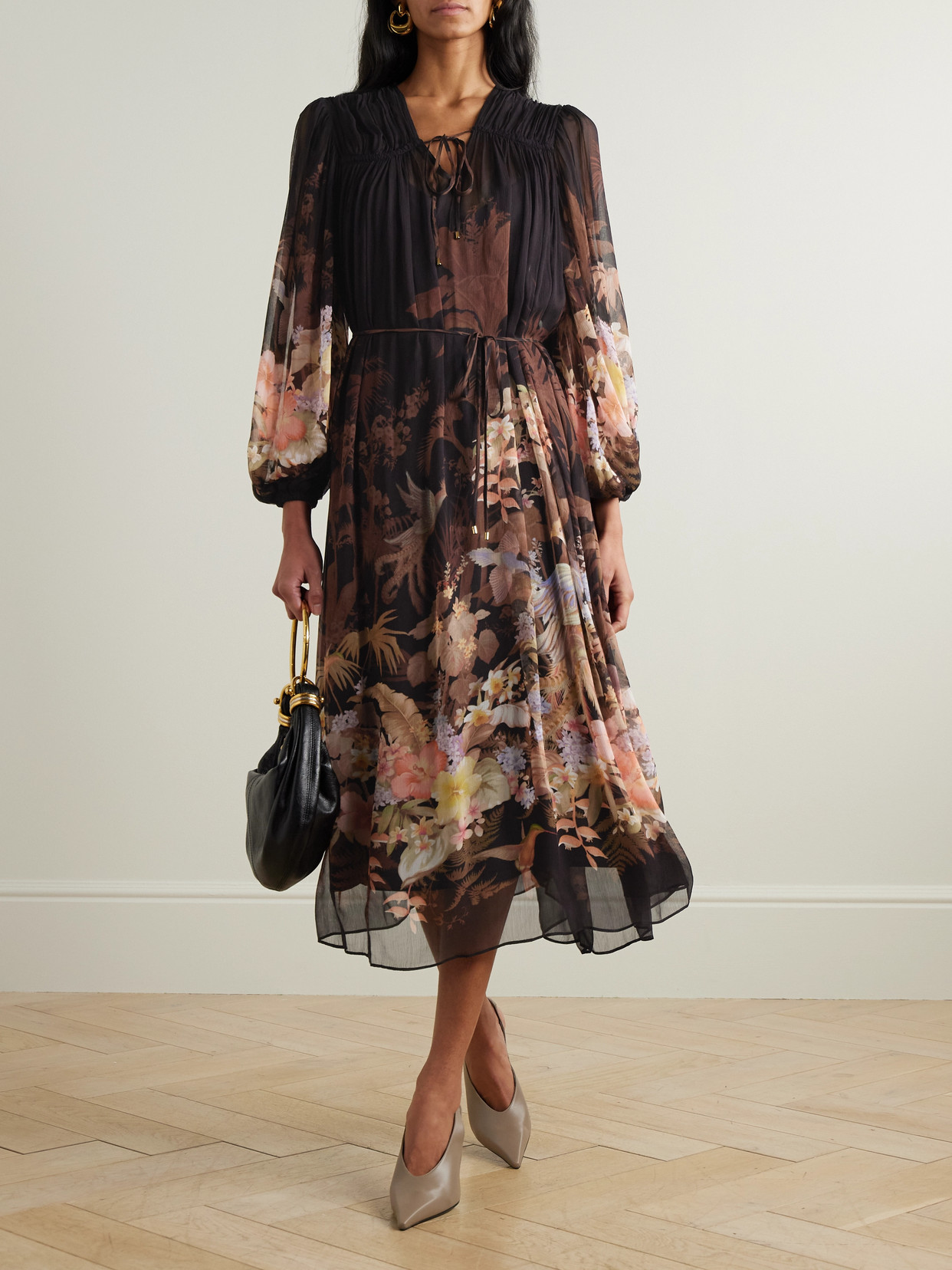 Zimmermann Illuminate Drawn Belted Gathered Printed Crepon Midi Dress In Black