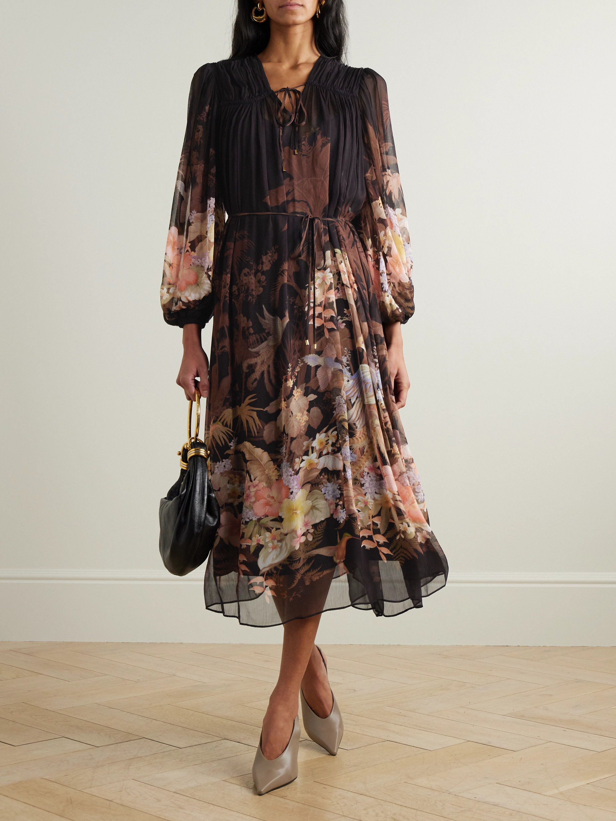 Zimmermann Illuminate Drawn belted gathered printed crepon midi dress