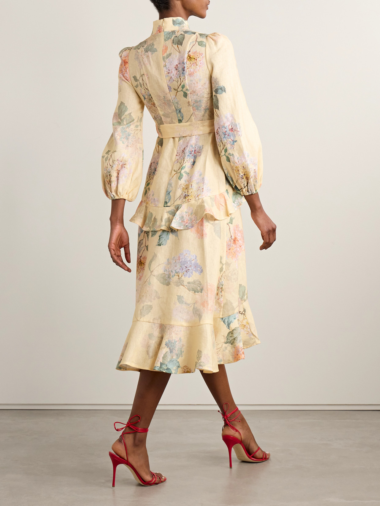 Zimmermann Floral Print Belted Linen Midi Dress In Yellow