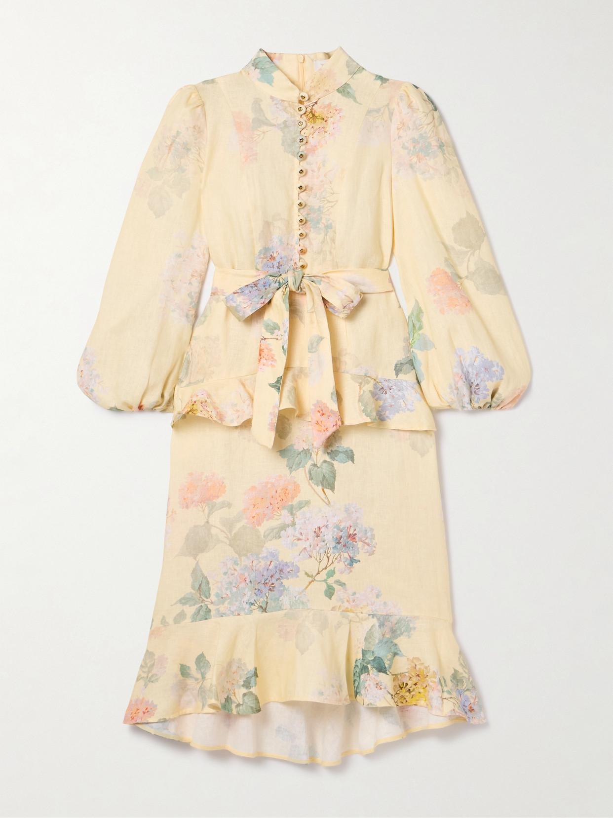 Zimmermann Floral Print Belted Linen Midi Dress In Yellow