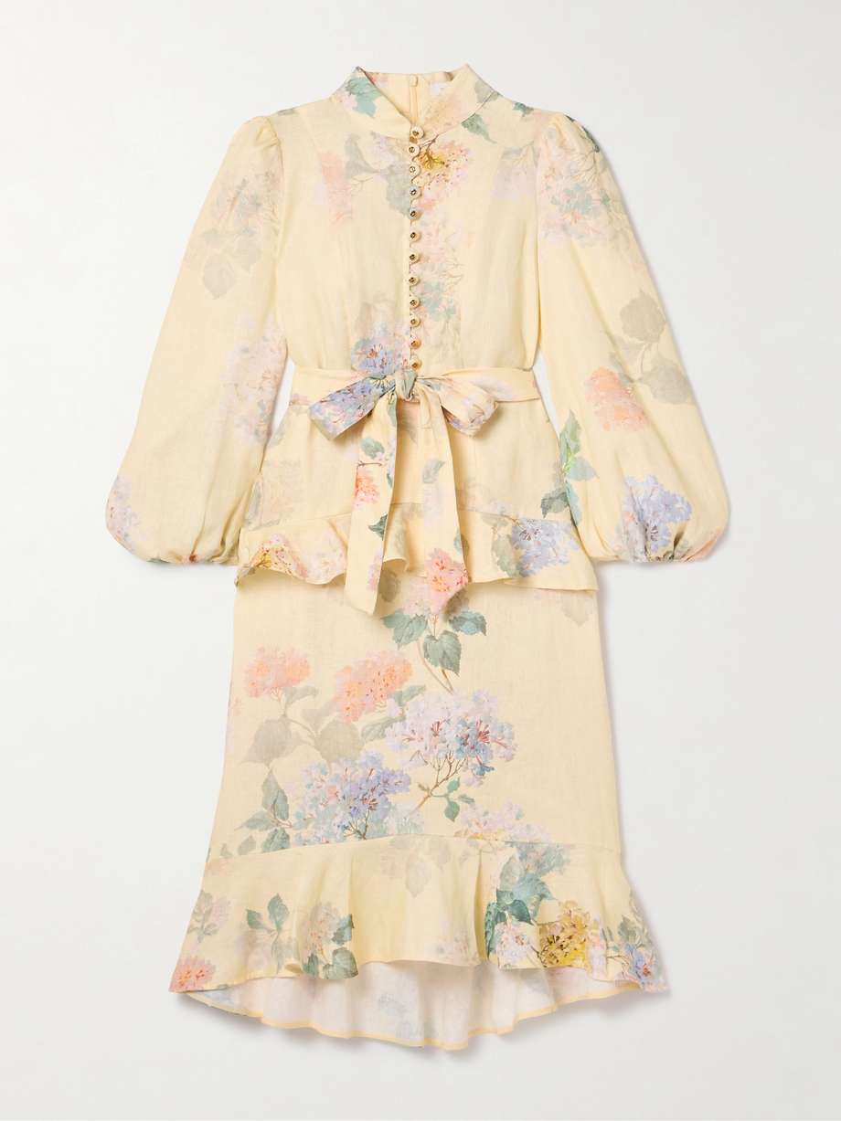 illuminate belted ruffled floral-print linen midi dress