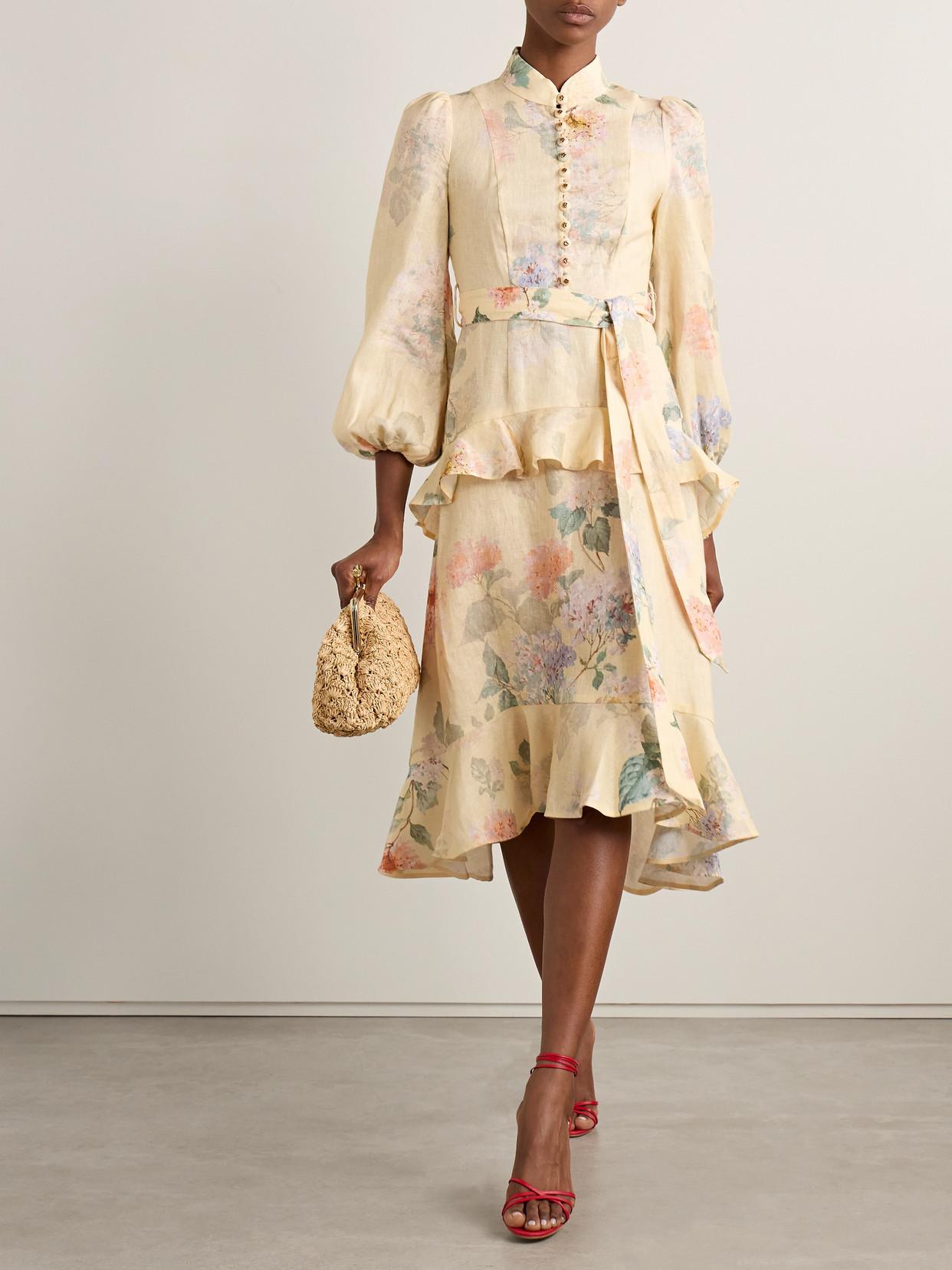 Zimmermann Floral Print Belted Linen Midi Dress In Yellow