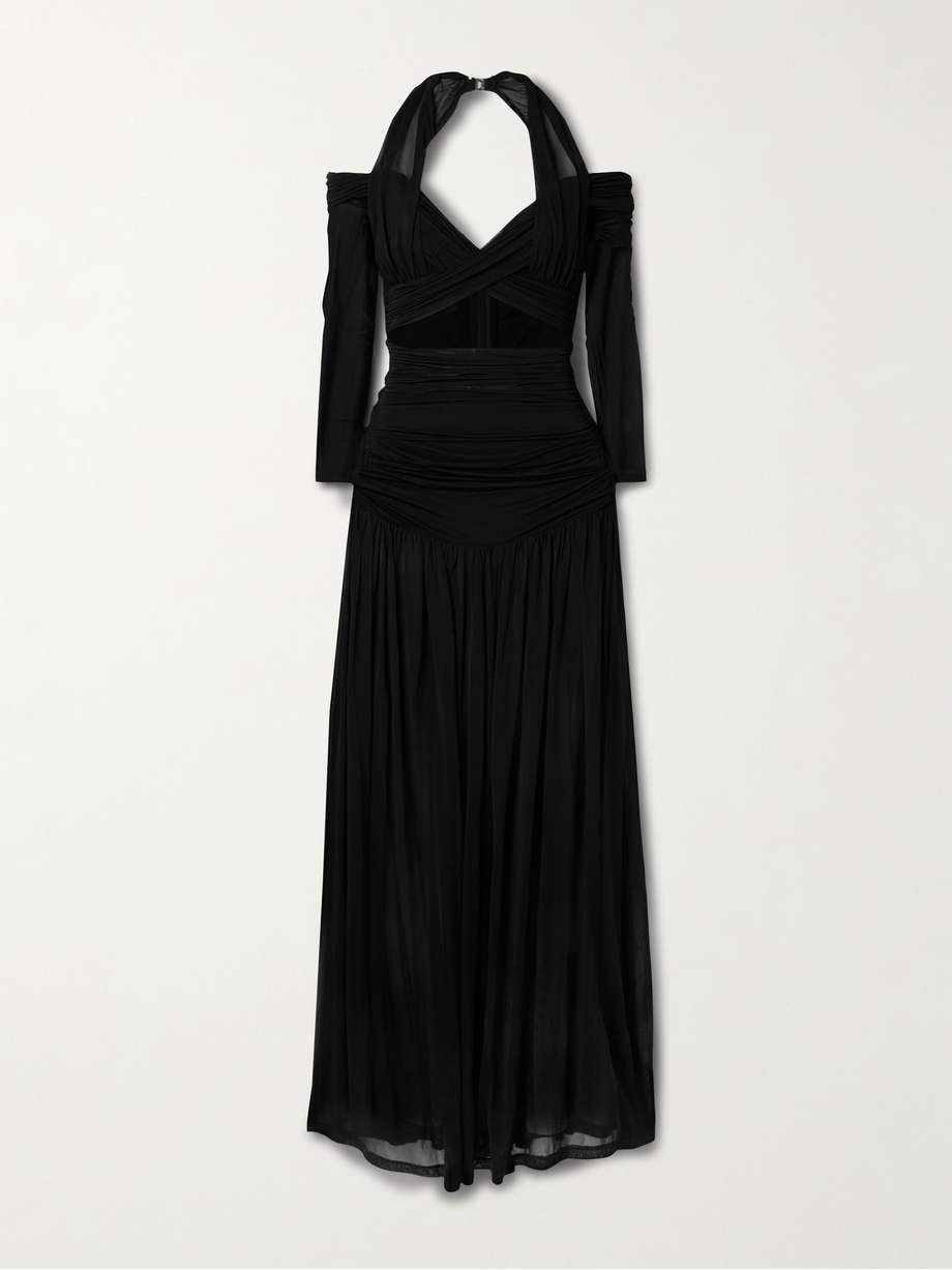 illuminate cold-shoulder cutout pleated chiffon halterneck maxi dress