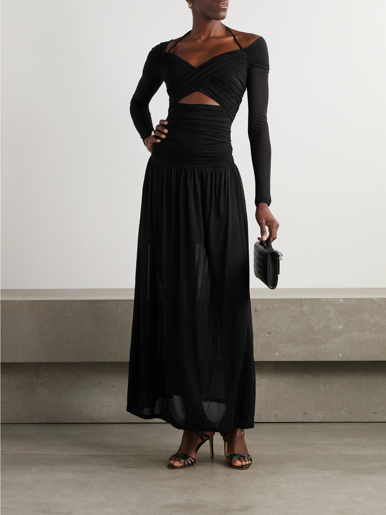 Zimmermann Illuminate Cold-shoulder Cutout Pleated Chiffon Halterneck Maxi Dress In Black