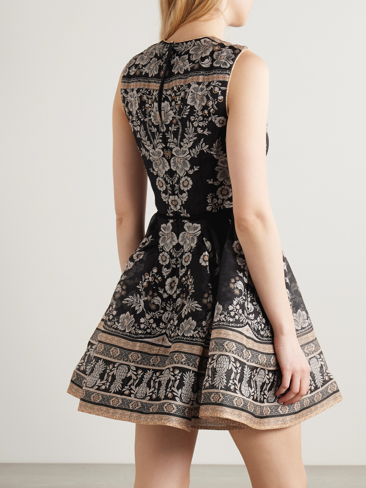 ZIMMERMANN BALANCE BELTED FLORAL-PRINT LINEN AND SILK-BLEND ORGANZA MINI DRESS