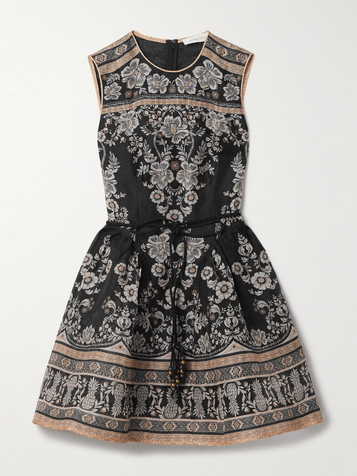 Zimmermann Balance Belted Floral-print Linen And Silk-blend Organza Mini Dress In Black