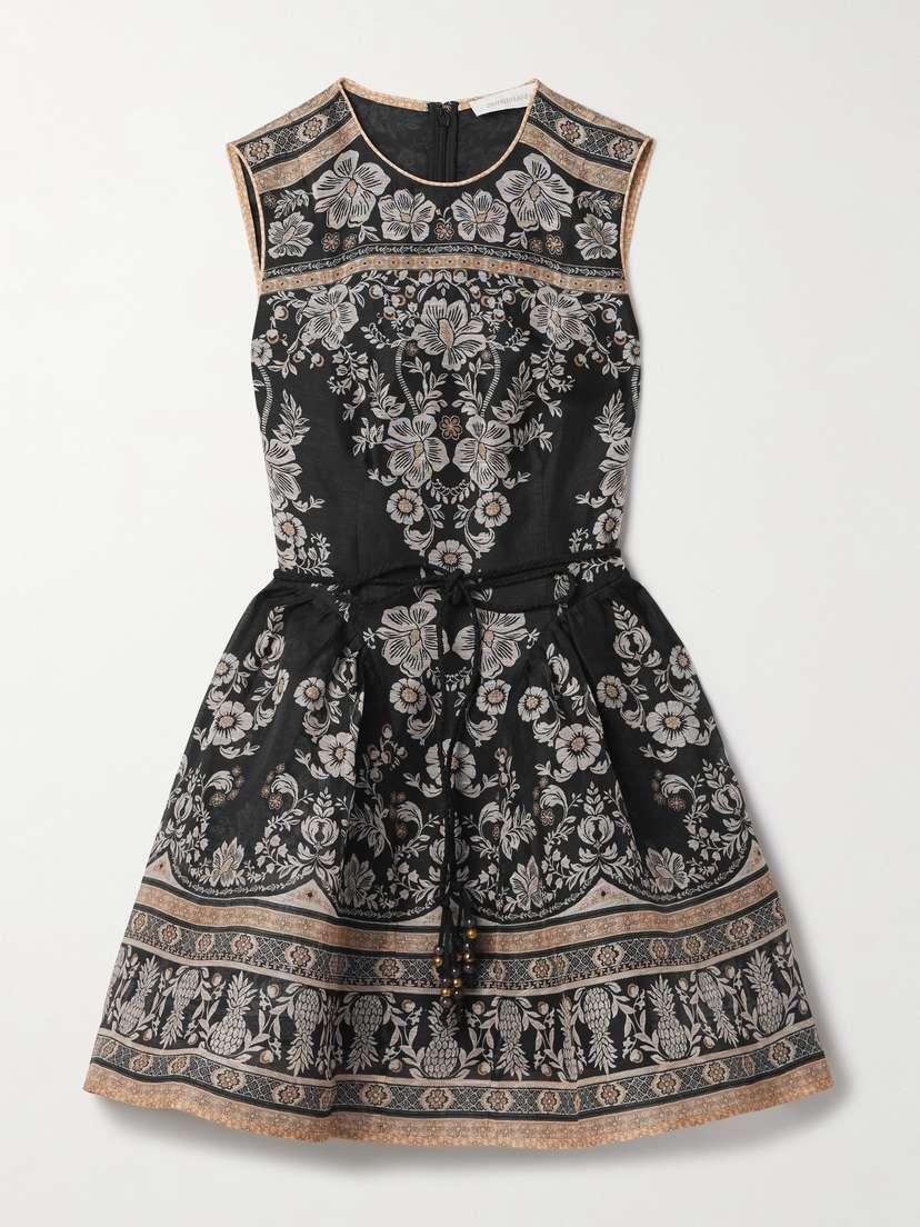 Zimmermann Balance Belted Floral-print Linen And Silk-blend Organza Mini Dress