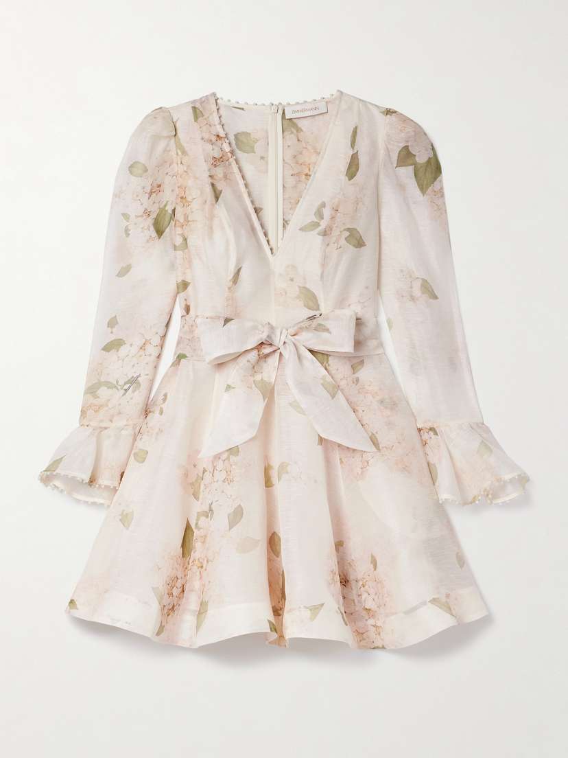 Zimmermann Balance Belted Floral-print Linen And Silk-blend Organza Mini Dress