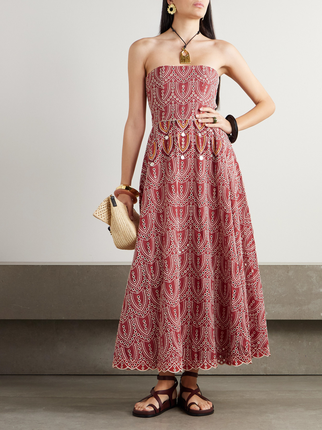 Johanna Ortiz Bengala Strapless Embellished Broderie Anglaise Maxi Dress