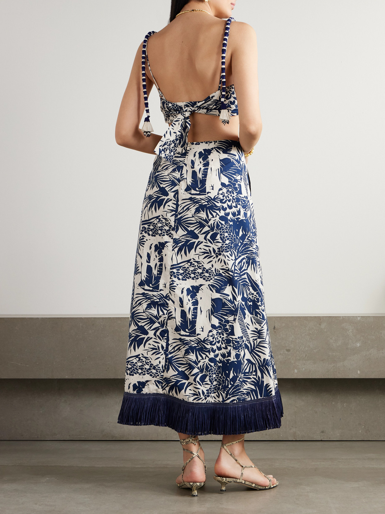 Shop Johanna Ortiz Harmony Fringed Embellished Printed Cotton-poplin Midi Dress