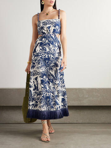 Johanna Ortiz Harmony fringed embellished printed cotton-poplin midi dress