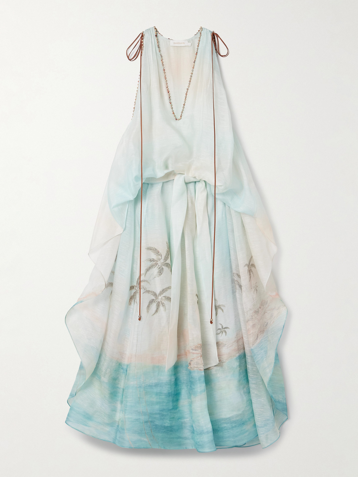 ZIMMERMANN ILLUMINATE BEAD-EMBELLISHED PRINTED LINEN AND SILK-BLEND GOWN