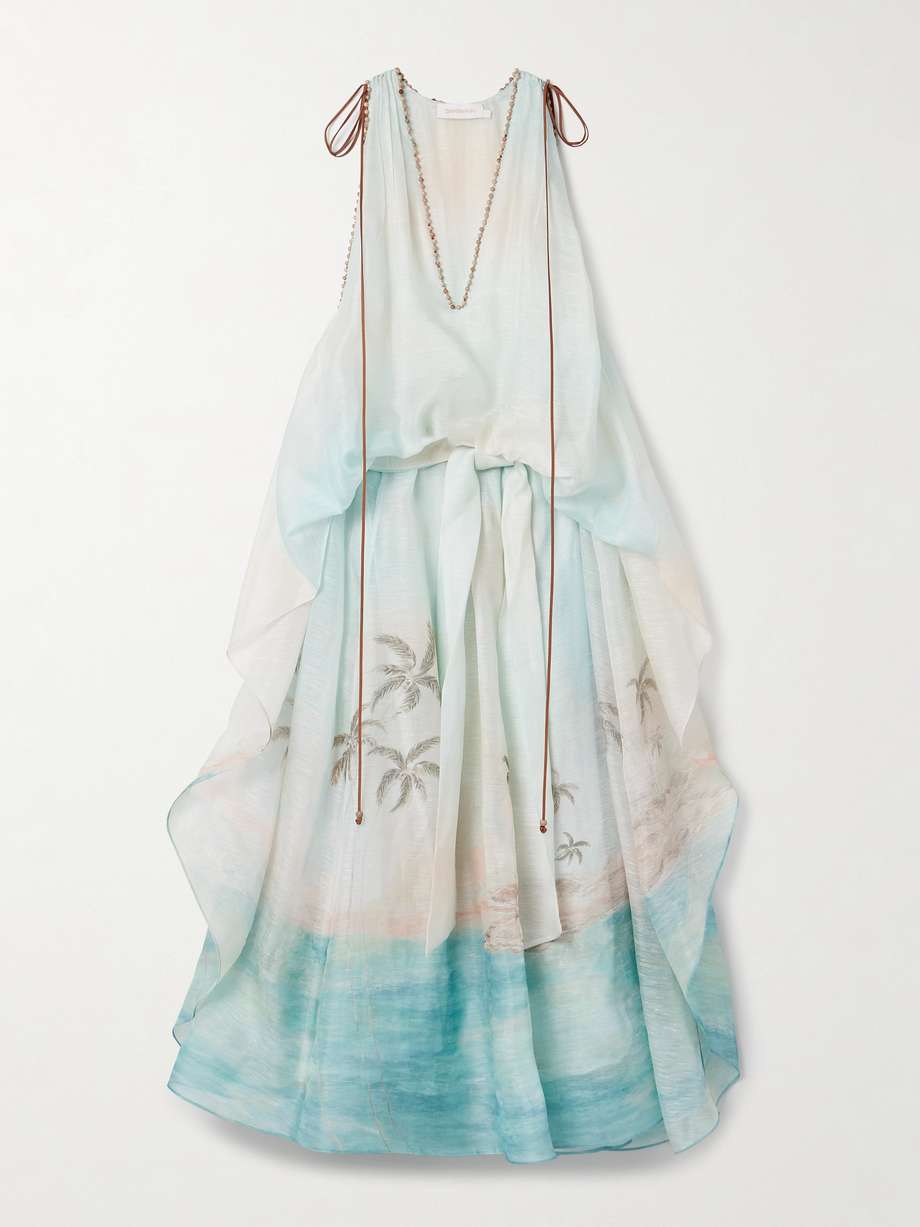 illuminate bead-embellished printed linen and silk-blend gown