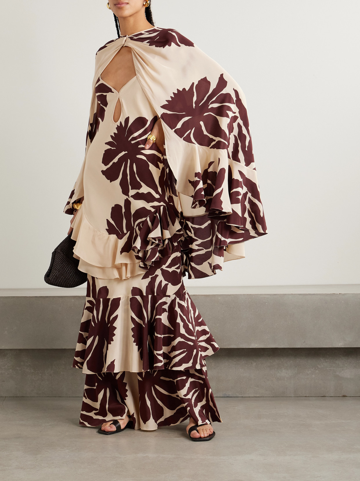 Aromatic Garden Ruffled Printed Silk Crepe De Chine Cape