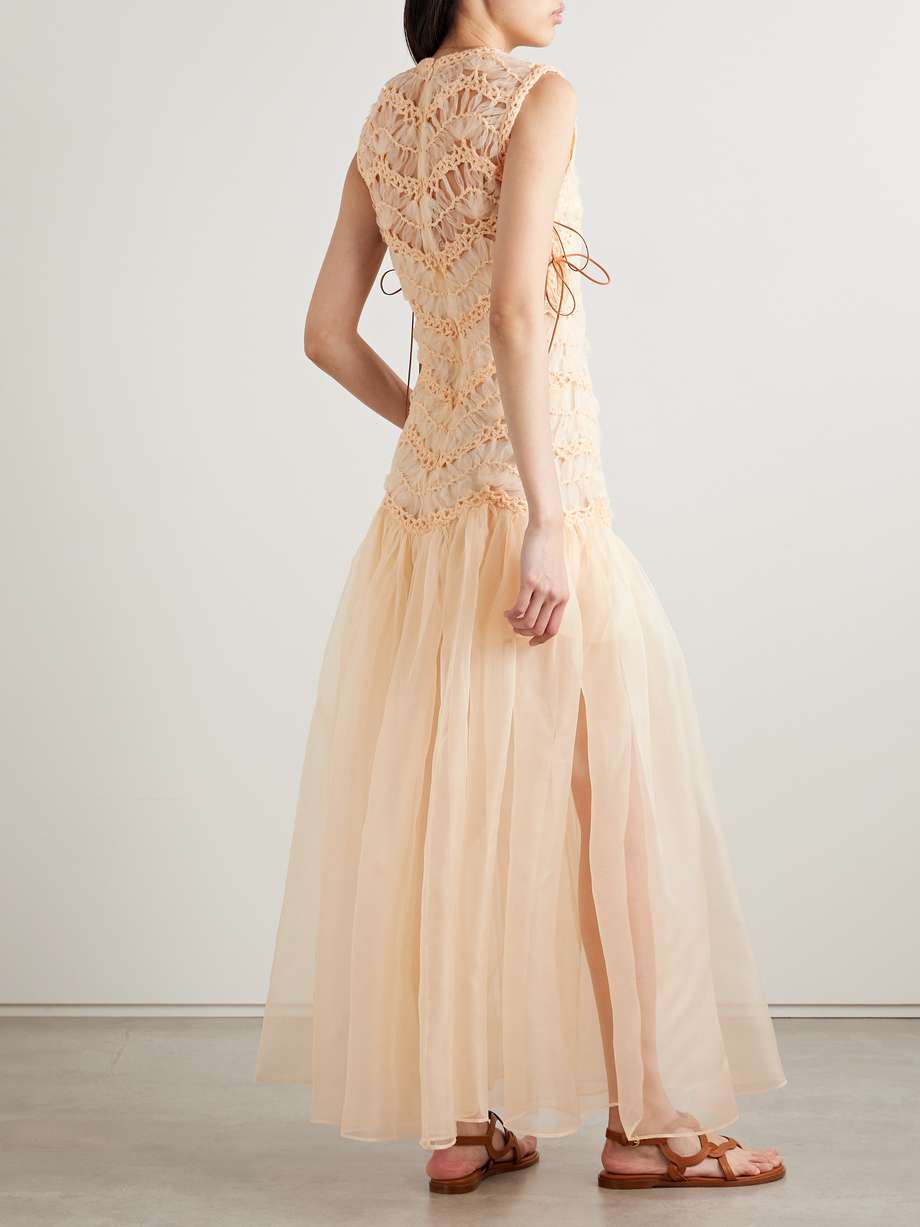 illuminate macramé and tulle-trimmed gathered silk-organza gown