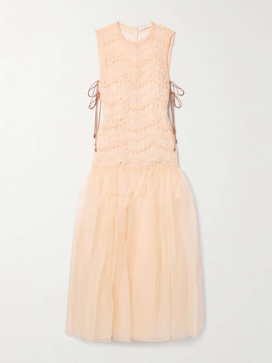 illuminate macramé and tulle-trimmed gathered silk-organza gown