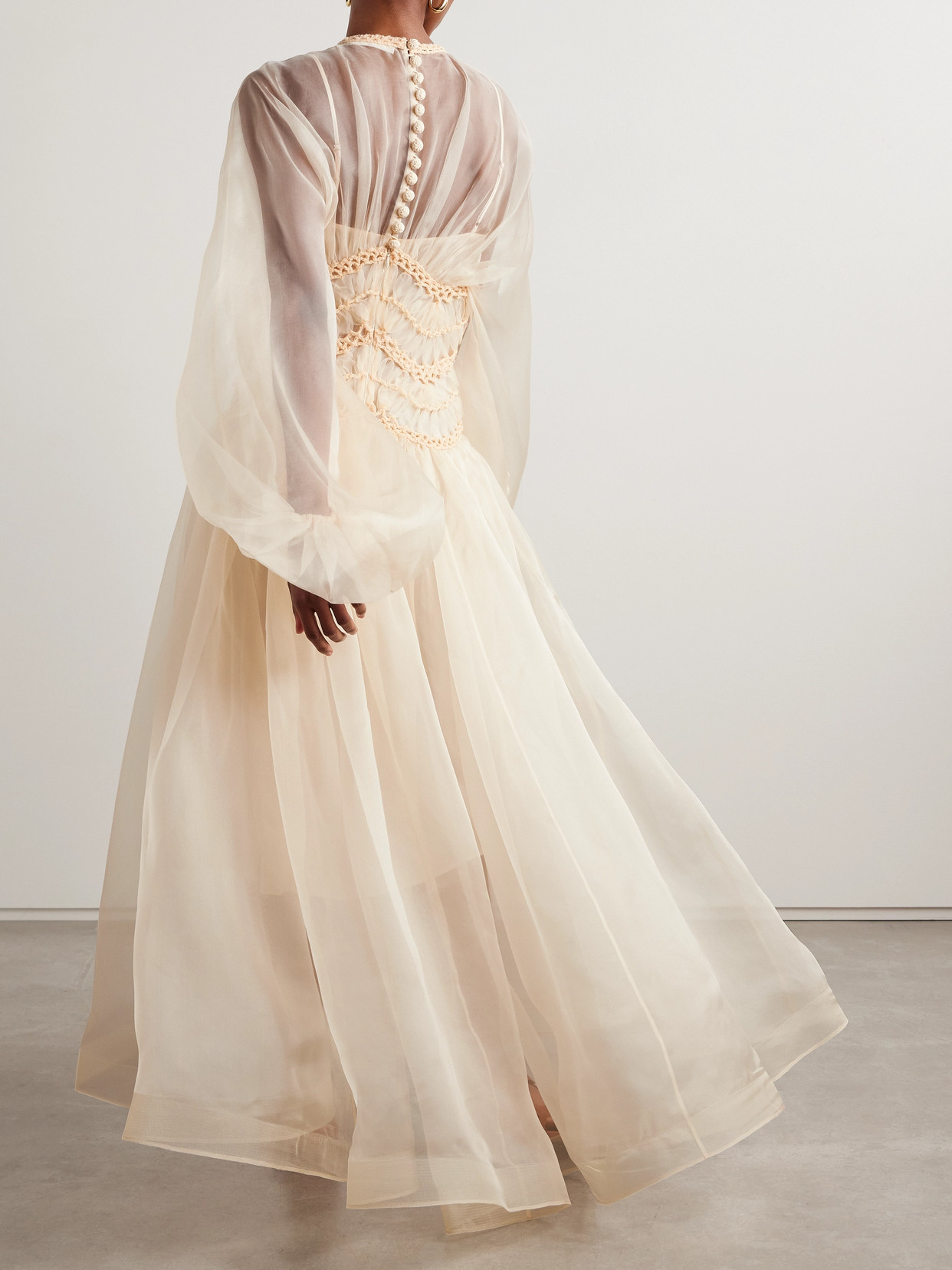 ZIMMERMANN ILLUMINATE MACRAMÉ AND TULLE-TRIMMED PLEATED SILK-ORGANZA GOWN