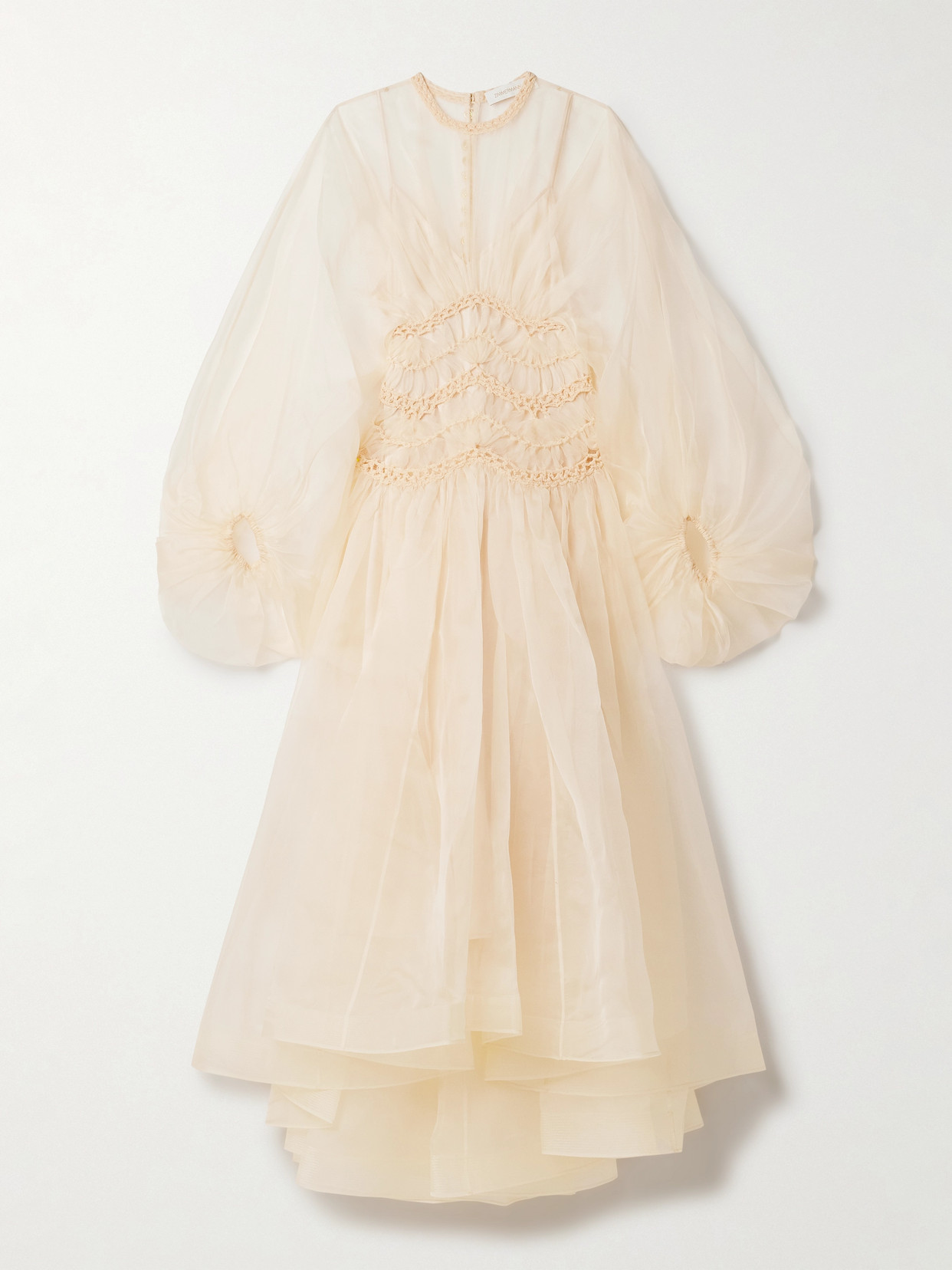ZIMMERMANN ILLUMINATE MACRAMÉ AND TULLE-TRIMMED PLEATED SILK-ORGANZA GOWN