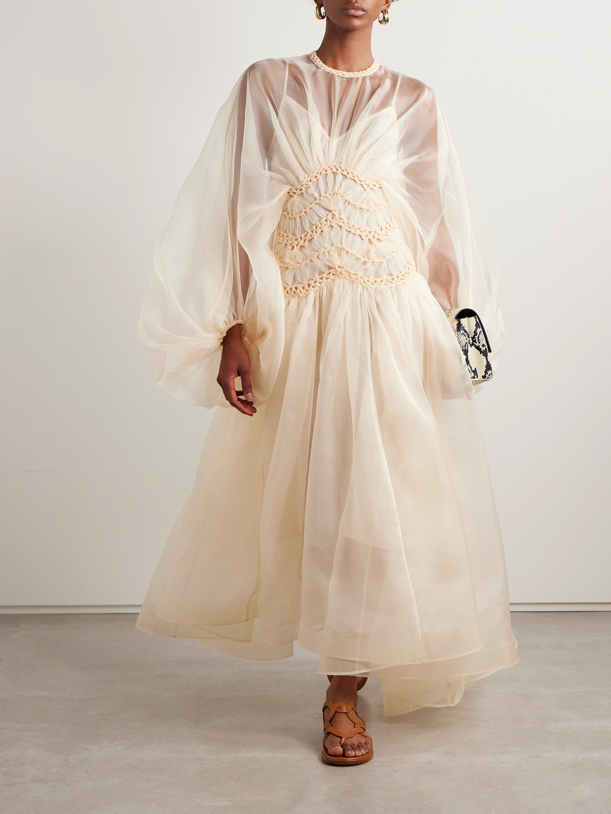 ZIMMERMANN ILLUMINATE MACRAMÉ AND TULLE-TRIMMED PLEATED SILK-ORGANZA GOWN