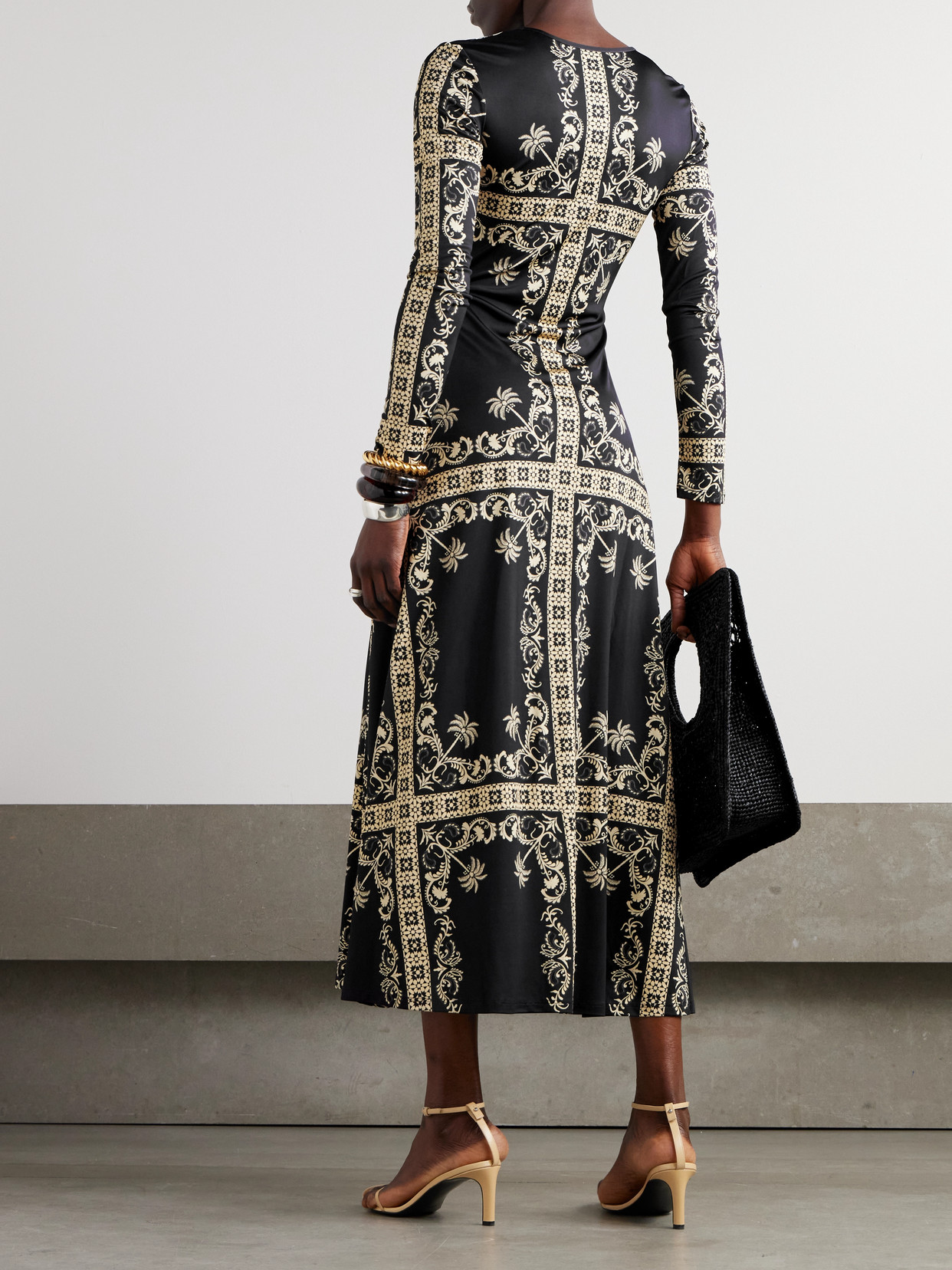 Johanna Ortiz Alma Bordada Gathered Printed Stretch-jersey Midi Dress In Black