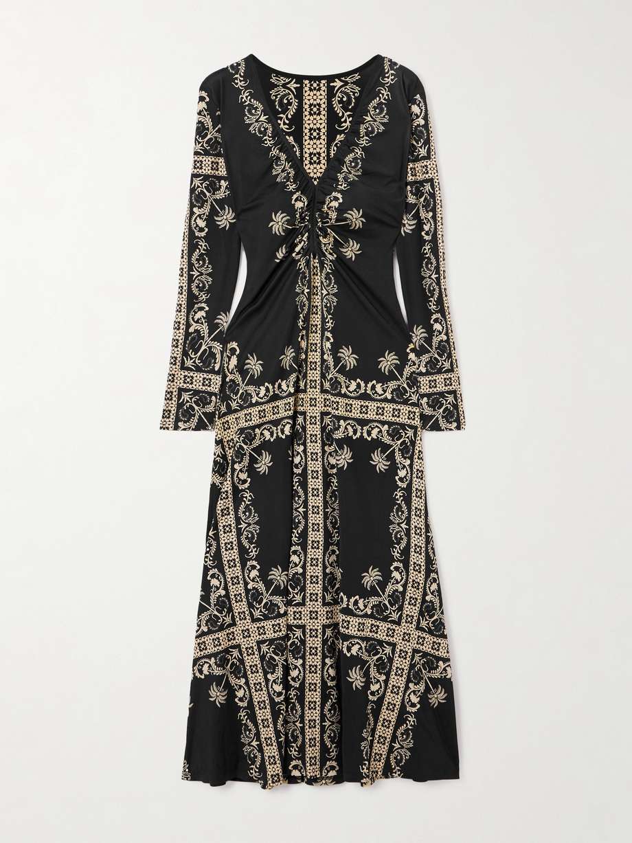 alma bordada gathered printed stretch-jersey midi dress