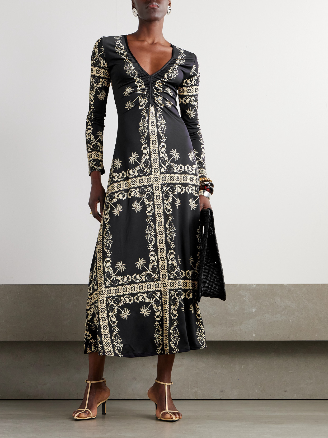 Johanna Ortiz Alma Bordada Gathered Printed Stretch-jersey Midi Dress In Black