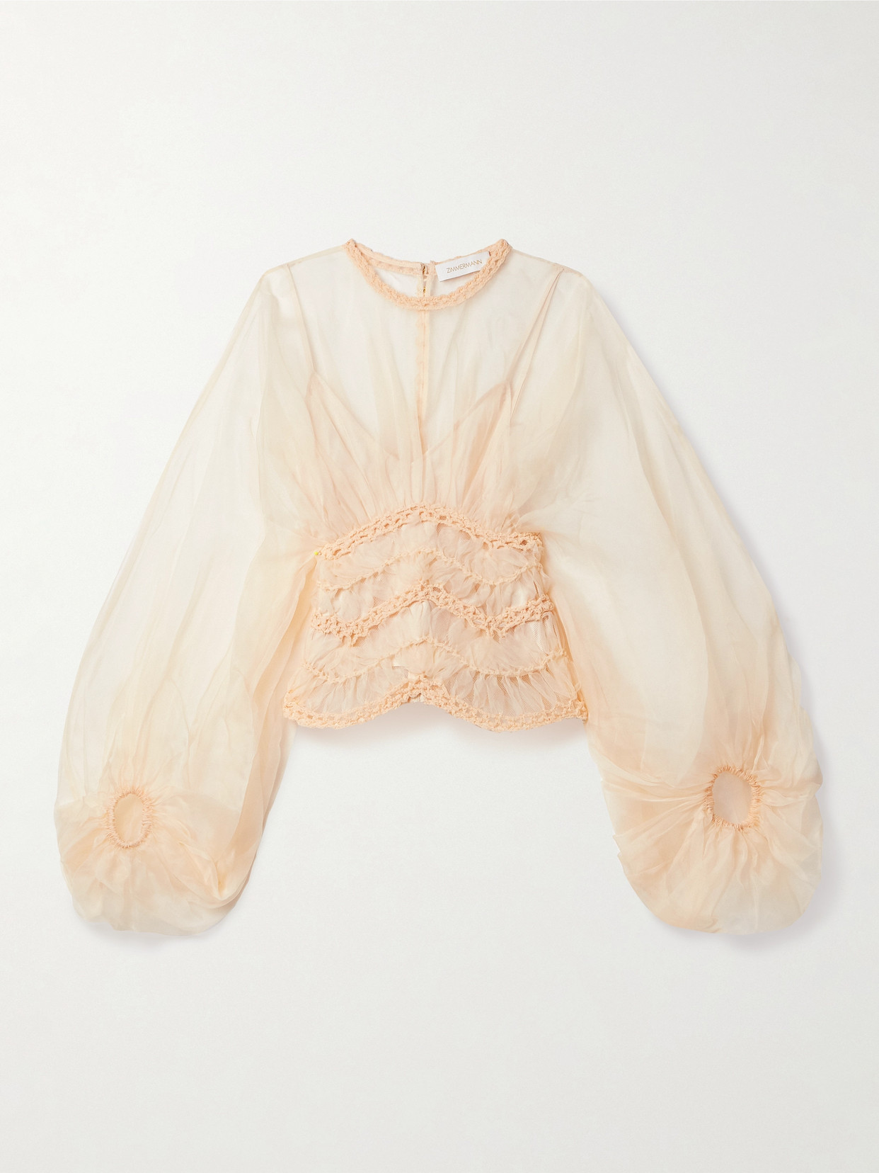 Zimmermann 'illuminate' Beige Crewneck Top With Elastic Hems And Semi Sheer Design In Cream