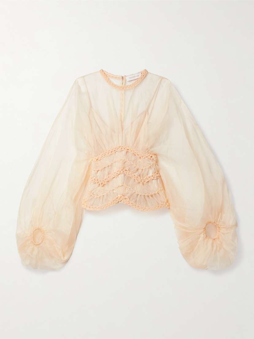 Zimmermann Illuminate Macramé And Tulle-trimmed Gathered Silk-organza Blouse