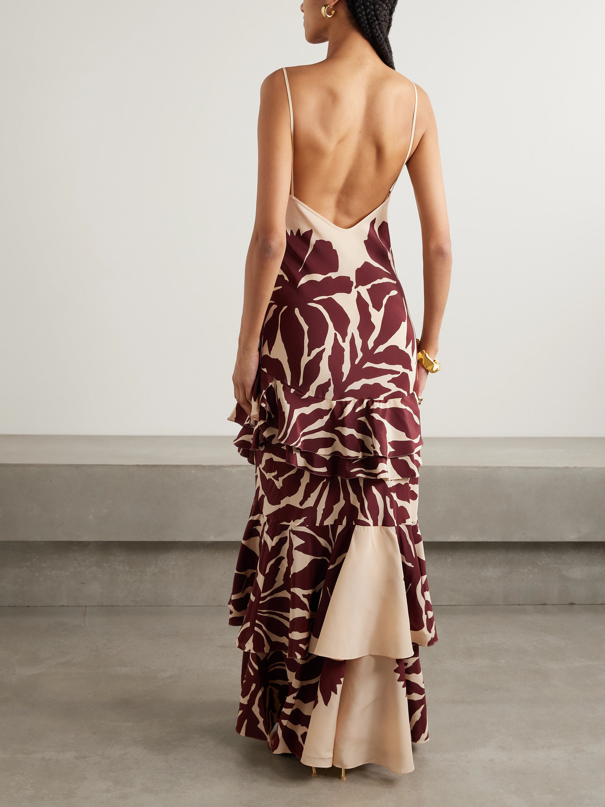 Shop Johanna Ortiz Reinterpretation Cutout Ruffled Printed Silk Crepe De Chine Maxi Dress In Orange