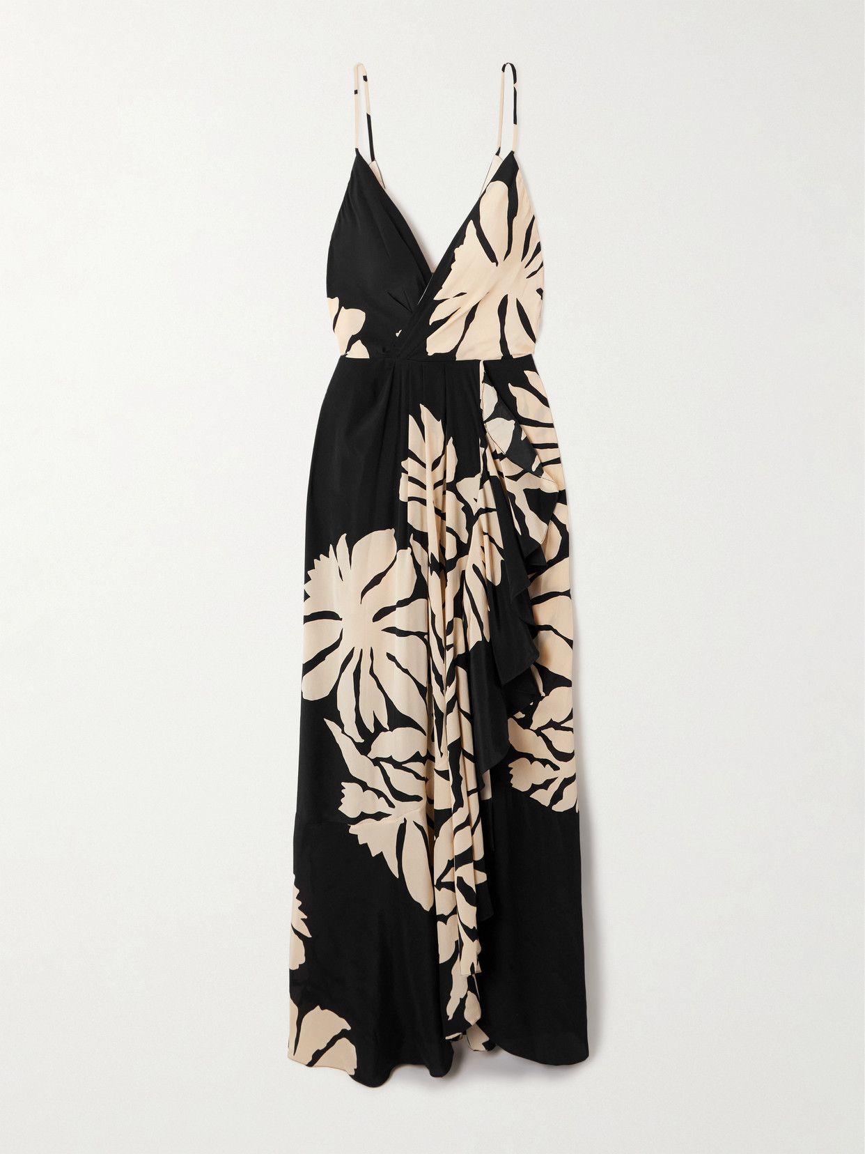 Johanna Ortiz Santa Cruz Wrap-effect Gathered Floral-print Silk Maxi Dress In Black