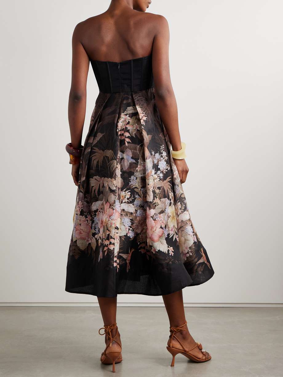 illuminate strapless floral-print linen and silk-blend midi dress