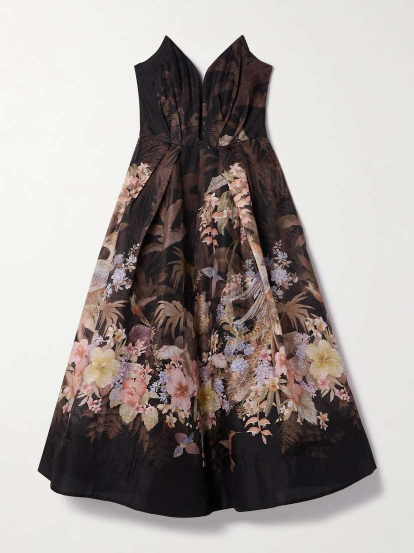 Zimmermann Illuminate Strapless Floral-print Linen And Silk-blend Midi Dress