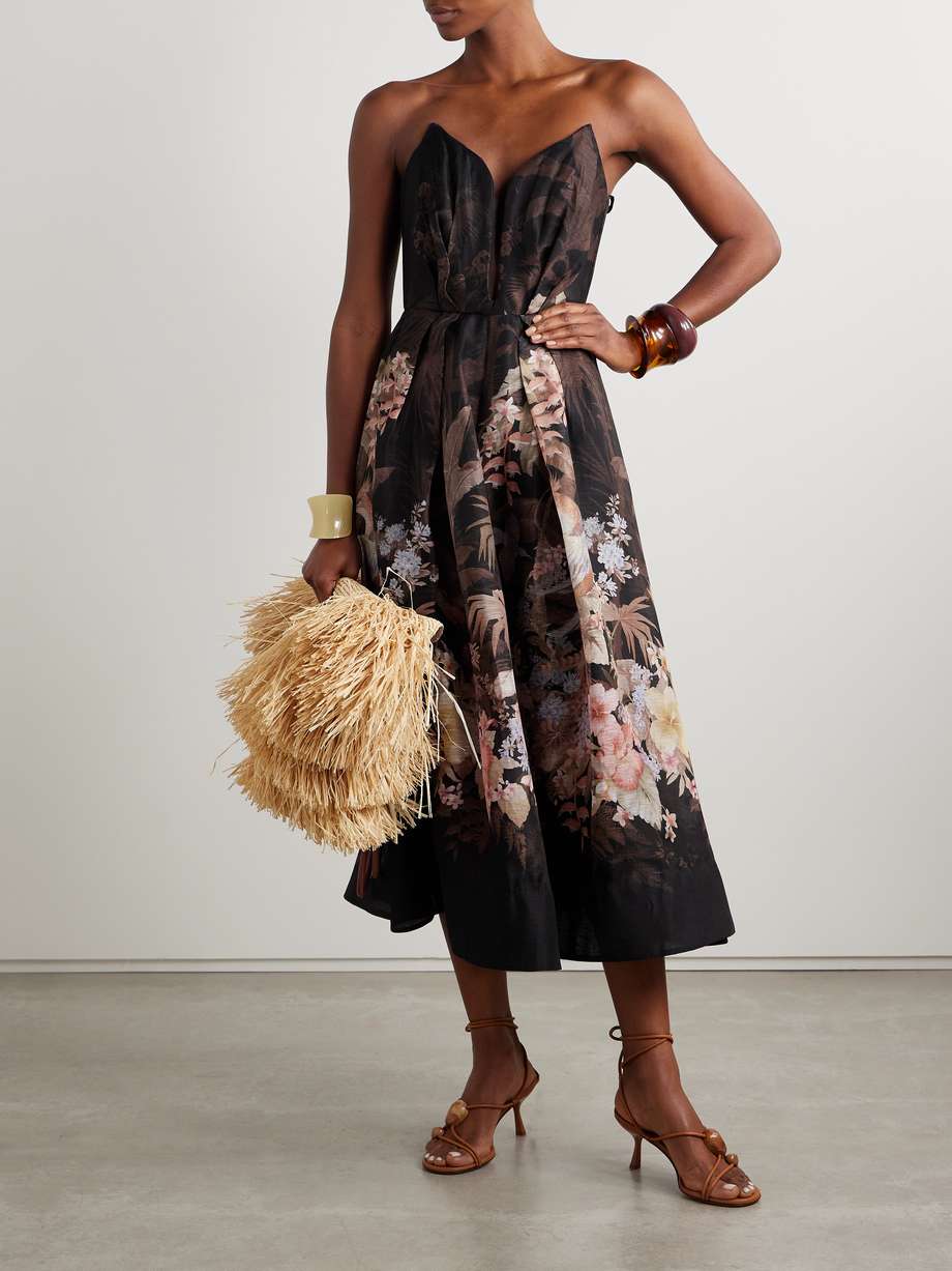 illuminate strapless floral-print linen and silk-blend midi dress