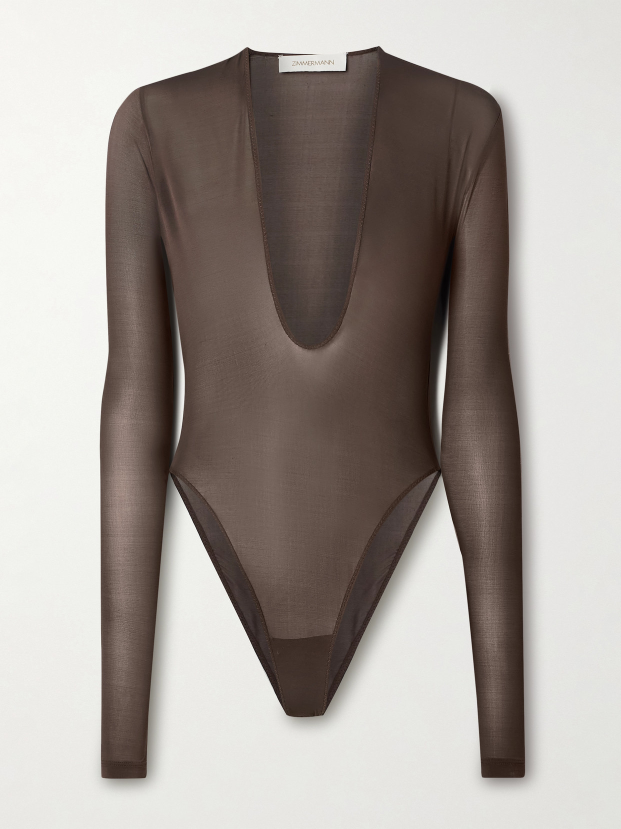 Zimmermann Dawning Stretch-mesh Bodysuit In Brown