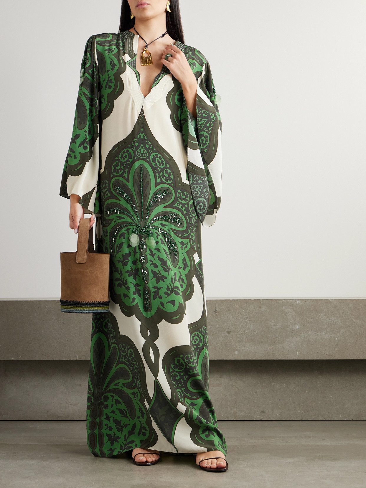 Johanna Ortiz Landscapes Embellished Printed Silk Crepe De Chine Maxi Dress