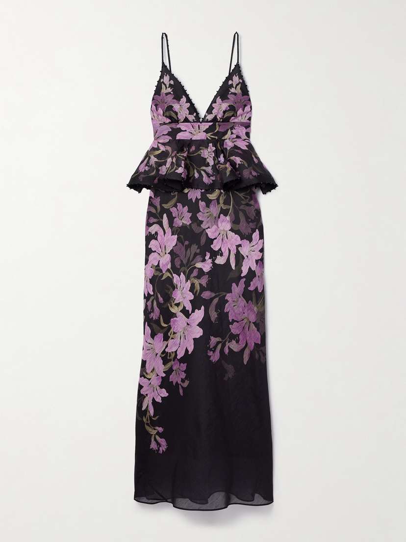 Zimmermann Dawning Bead-embellished Floral-print Linen And Silk-blend Peplum Maxi Dress